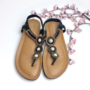 3/$30 Top Moda Tan & Black Jeweled Thong Sandals